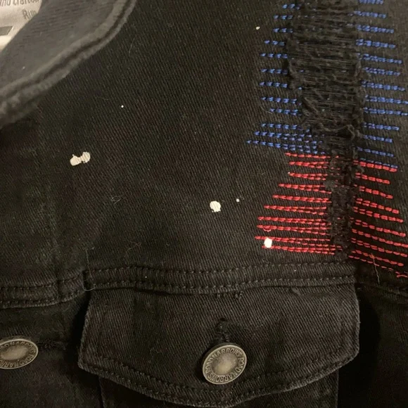 Road Narrows NYC Black Denim Button Down Jacket Size L Embroidered Distressed - Picture 4 of 16